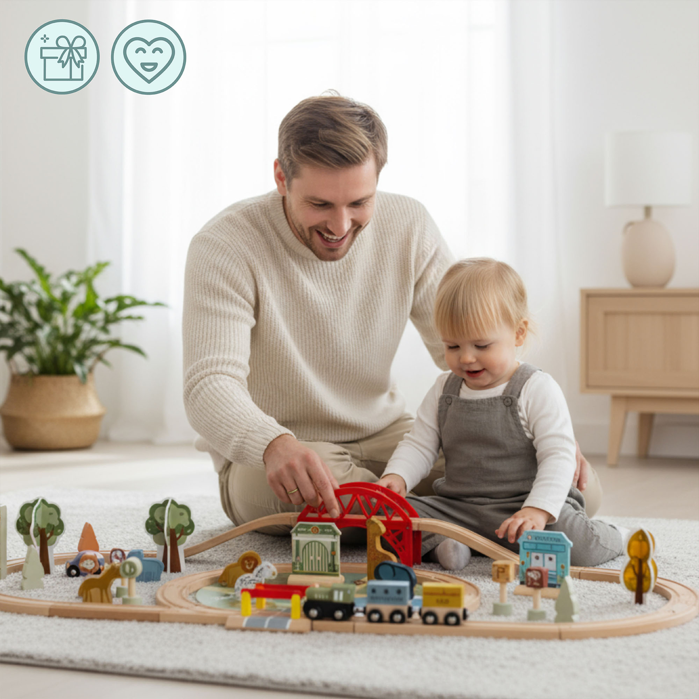 Drveni vlakić u zoološkom vrtu – slagalica, vlakić, tračnice, životinje, most, barijera