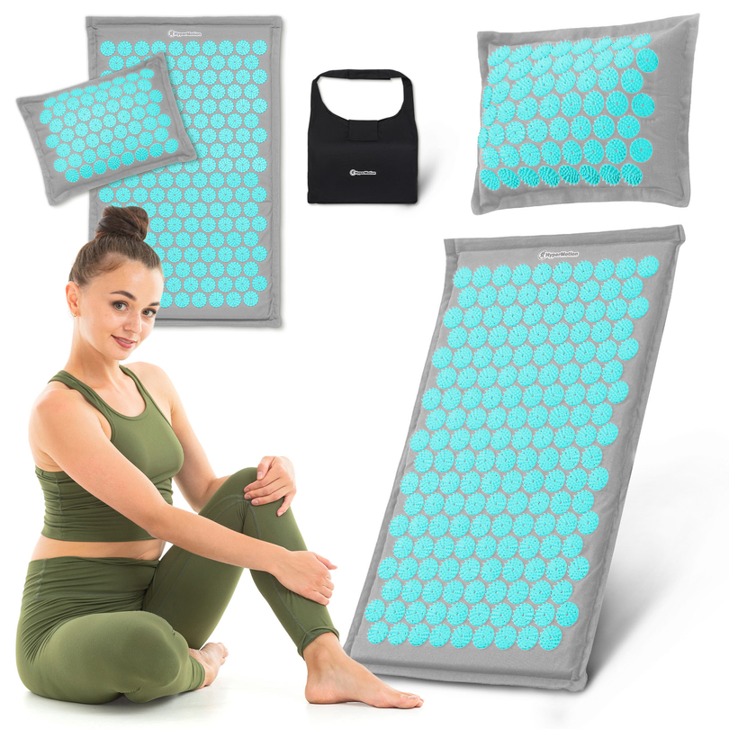 EKO lanena prostirka za akupresuru s kokosovim vlaknima i jastukom od heljde – 68 cm HyperMotion sivo-mentaste boje