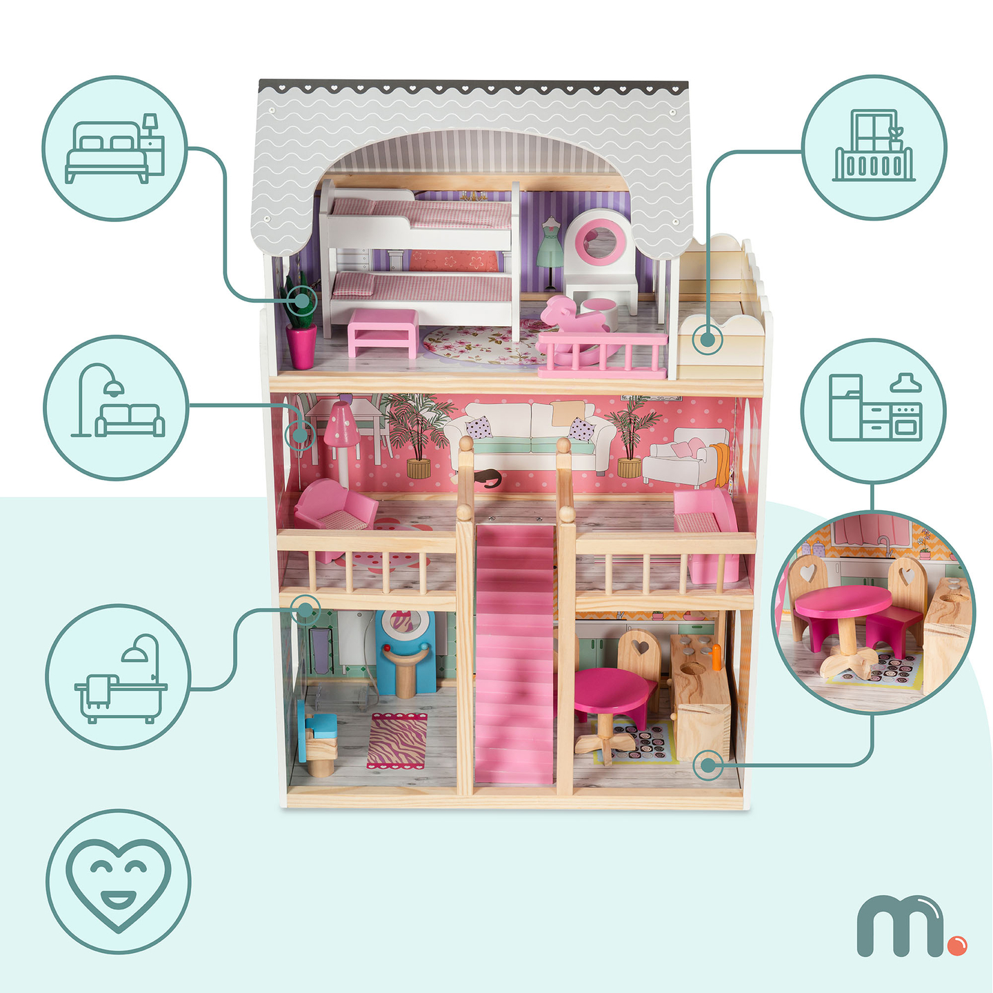 Velika drvena kućica za lutke na 3 kata s terasom, kompletom namještaja i LED rasvjetom!