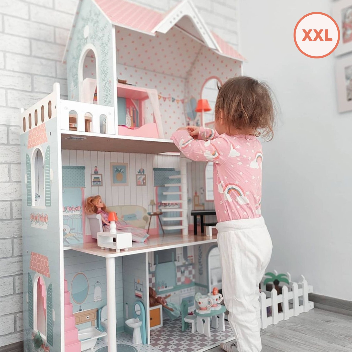 XXL Najveća drvena kućica za lutke - 123 cm - LED osvijetljena - terasa, pribor, vrt