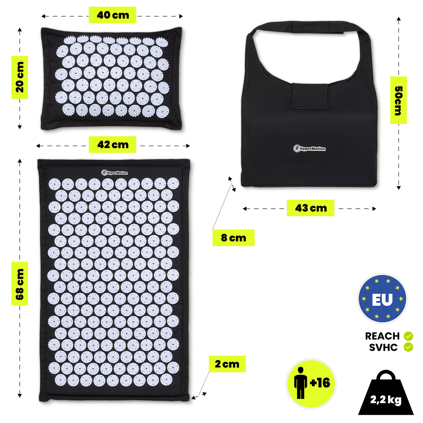 EKO lanena prostirka za akupresuru s kokosovim vlaknima i jastukom od heljde – 68 cm HyperMotion crno-bijela