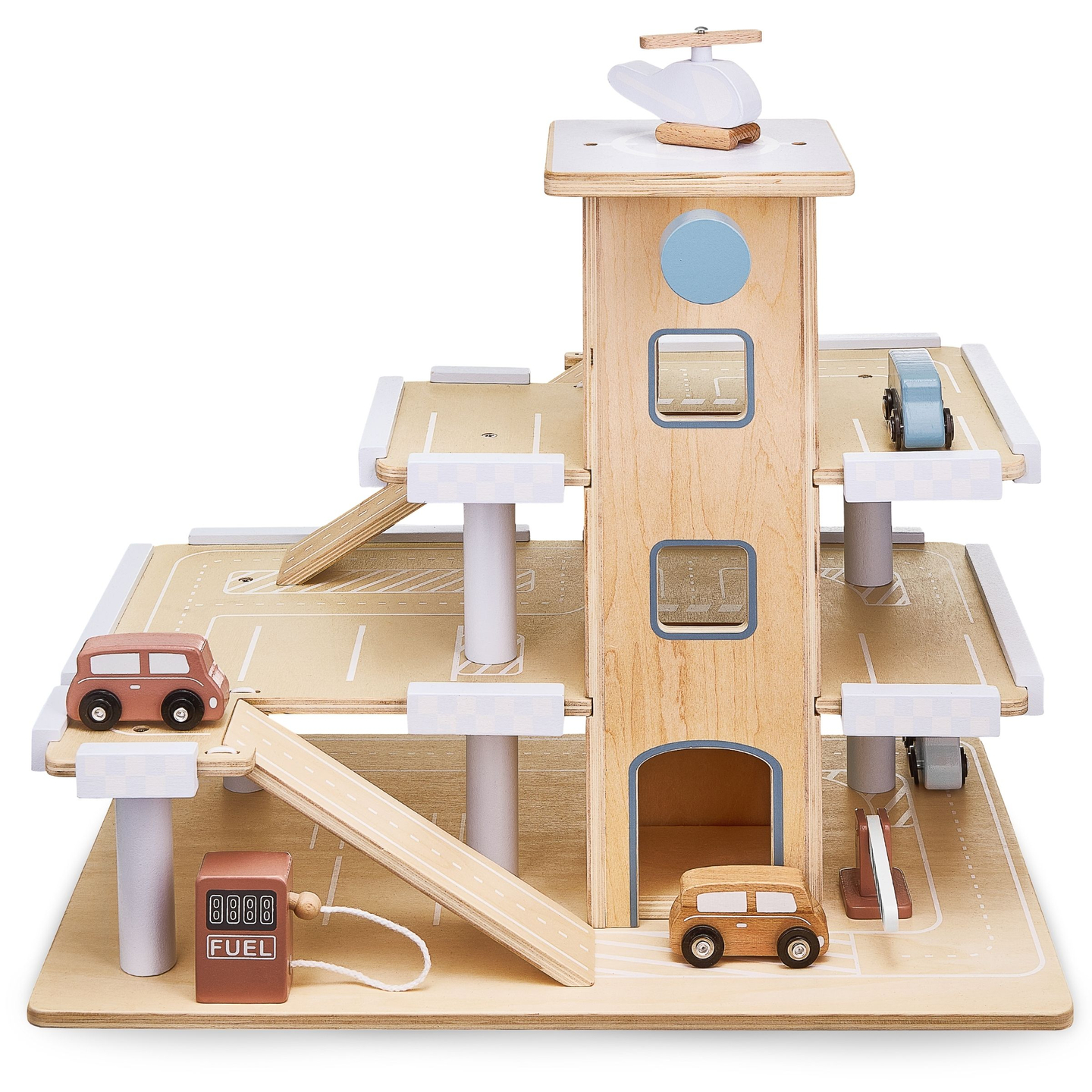 Drveni troetažni parking sa liftom - garaža sa automobilima i helikopterom