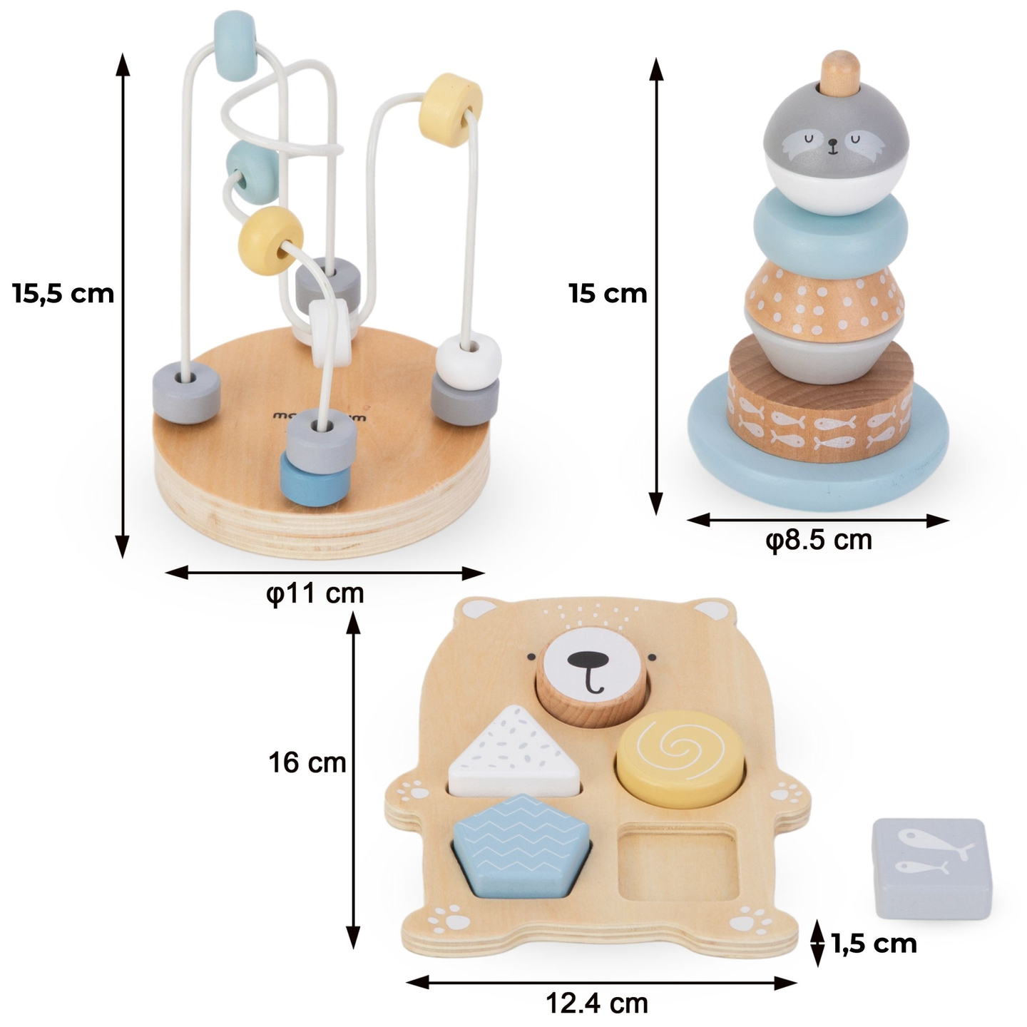 Set drvenih igračaka - šareni splet, Seal piramida, Teddy medo sorter
