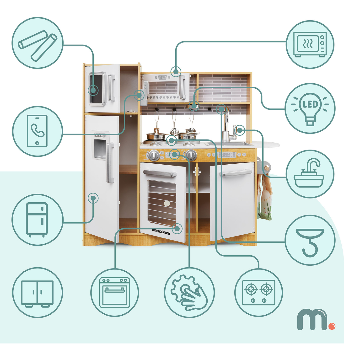 XXL drvena kuhinja s LED rasvjetom, pregačom i priborom