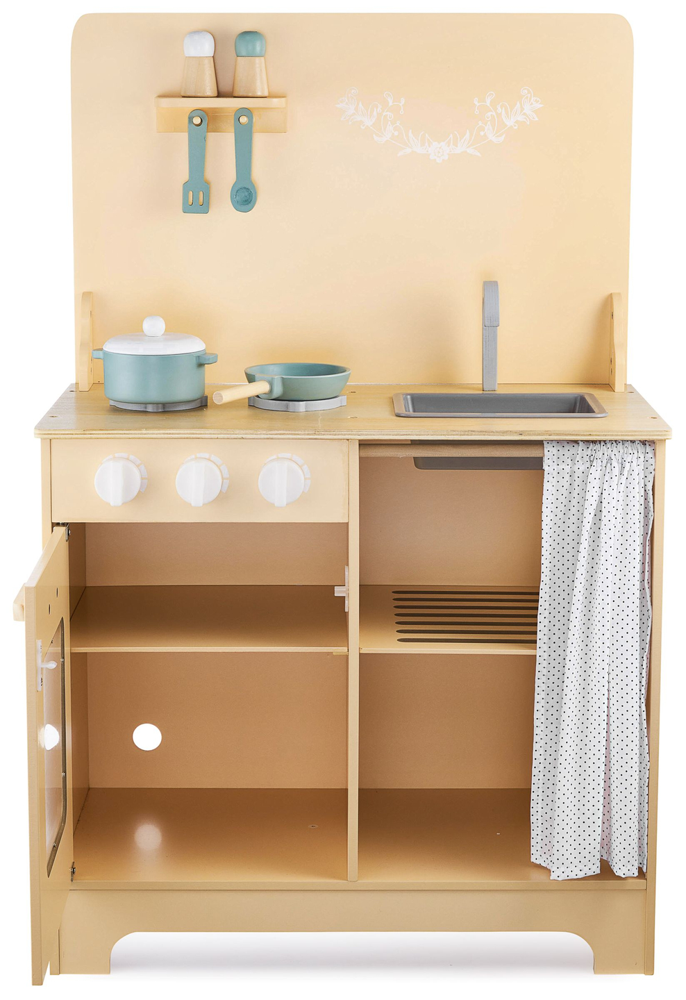 Drvena kuhinja s pregačom, dodacima i LED rasvjetom