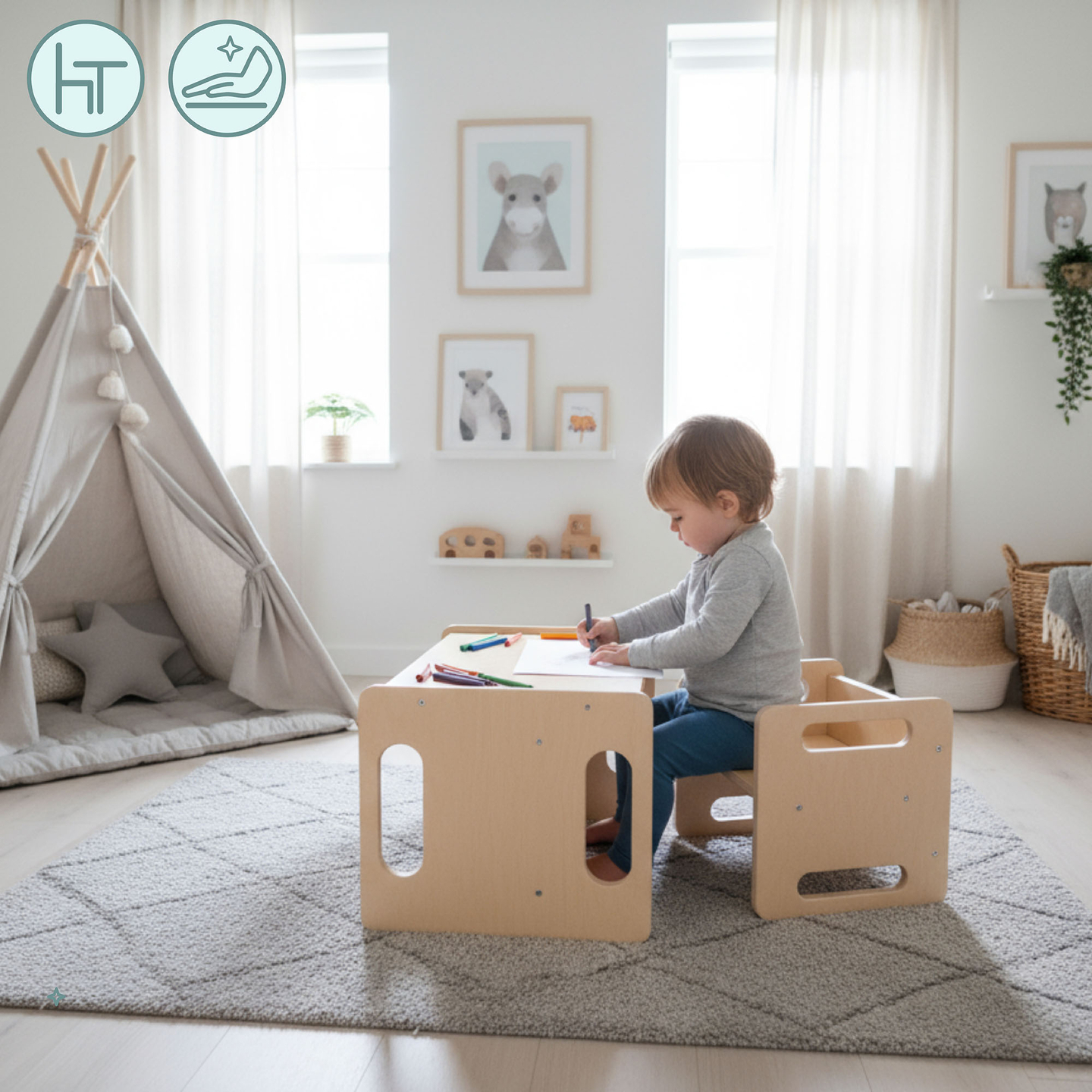 Drveni stol i stolica s funkcijom stepenice – multifunkcionalni Montessori set za djecu