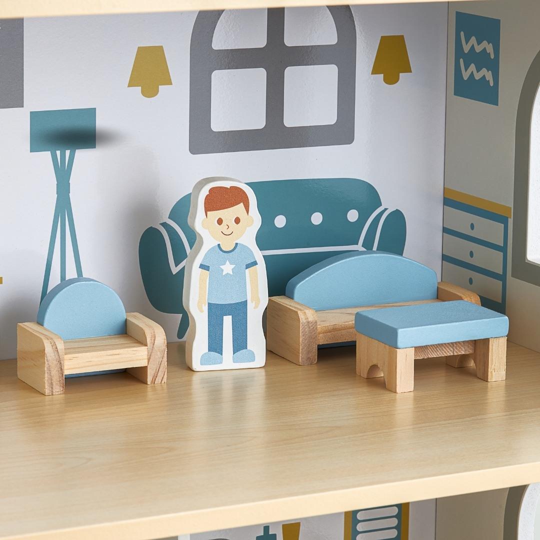 Bijela drvena kućica za lutke s terasom i dodacima