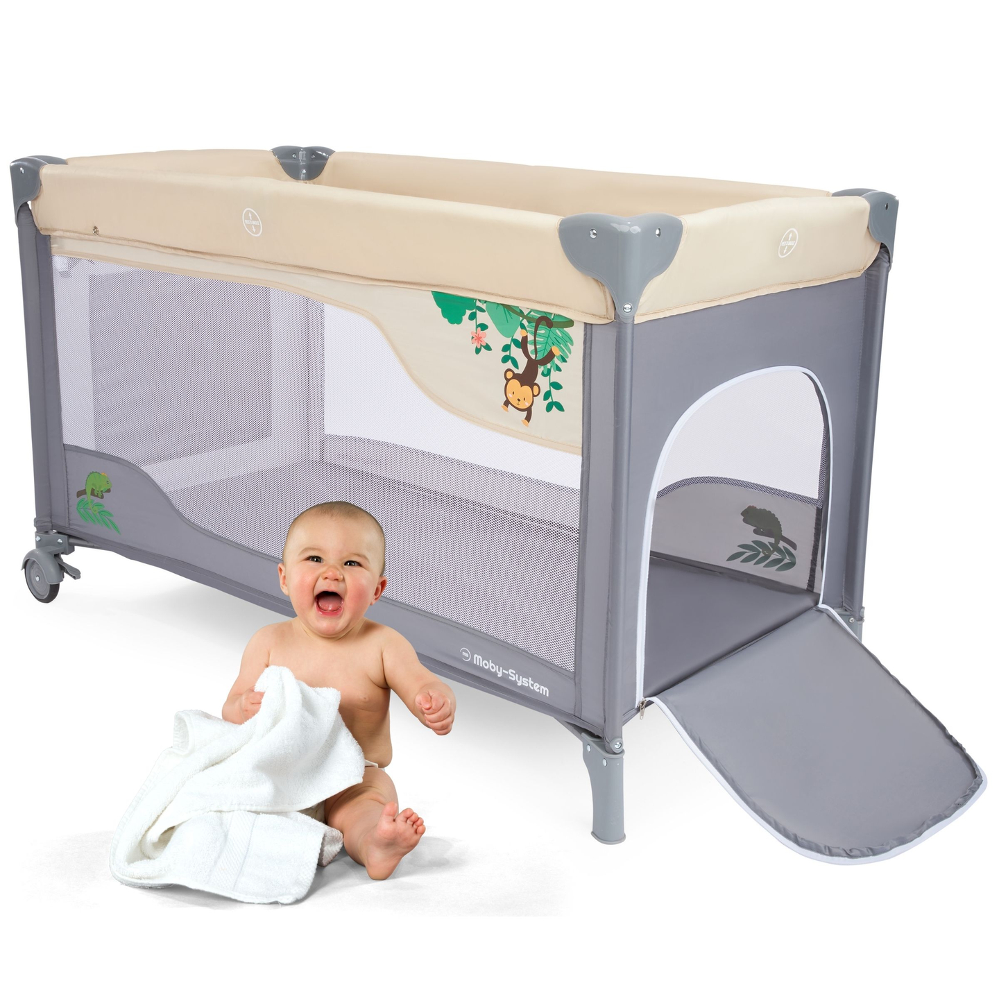 Putni krevetić 0 - 36 m sa stolom za prematanje + Moby-System HUXLEY igralište