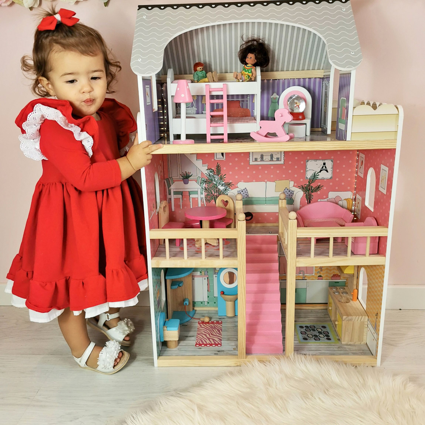 Velika drvena kućica za lutke na 3 kata s terasom, kompletom namještaja i LED rasvjetom!