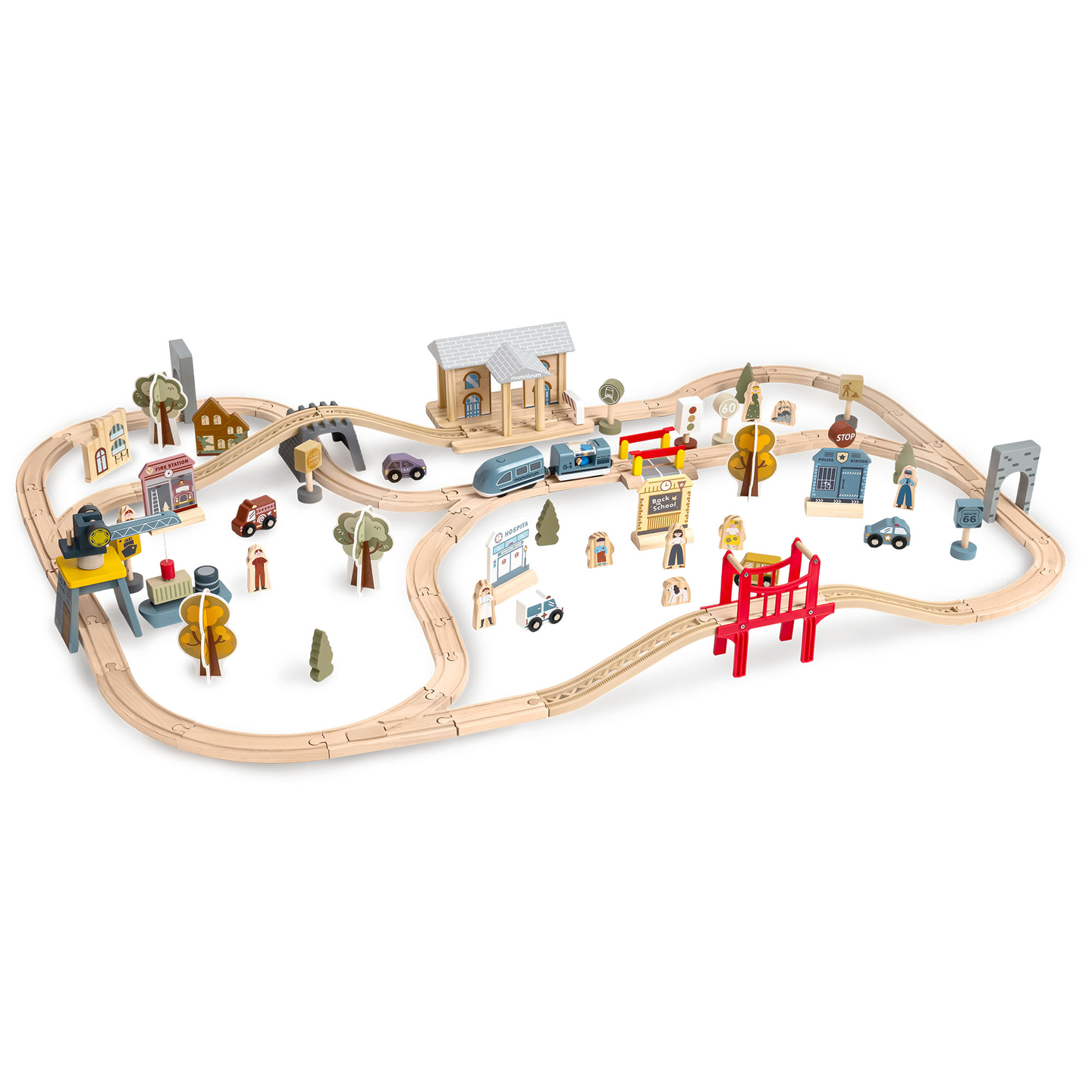 Drvena gradska željeznica s električnim vlakom - pokretna dizalica, brod, mostovi