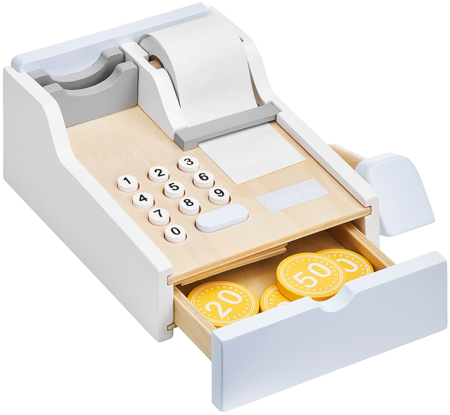 Trgovina mješovitom robom - drveni štand sa kutijama, blagajnom i terminalom