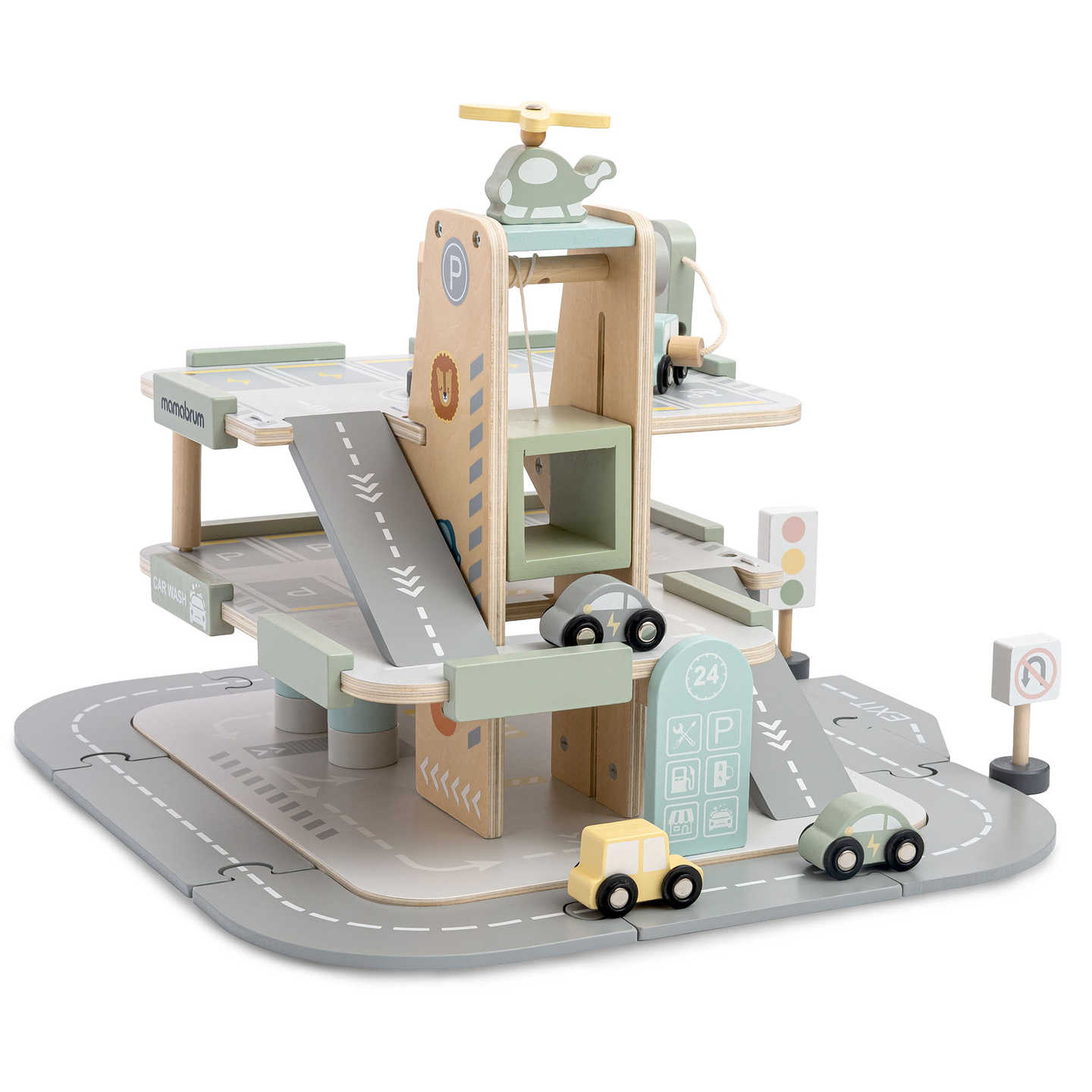 Drvena, trokatna garaža za djecu s pratećom opremom – parkiralište, benzinska postaja, autopraonica, helikopter