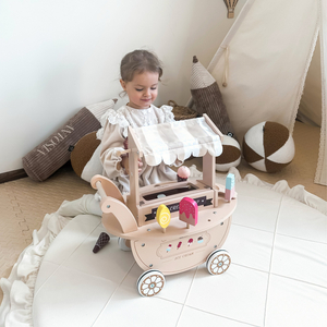 Drvena sladoledarnica za djecu - kolica na kotačićima s dodacima