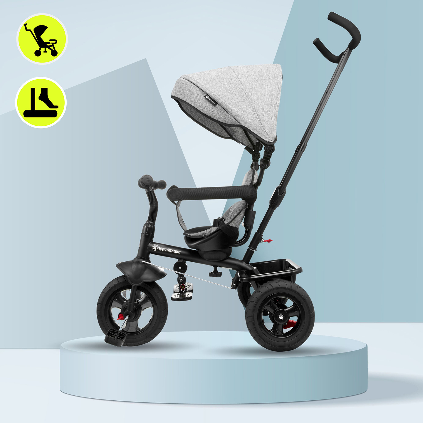 Tricikl za djecu 1-4 godine - TOBI FREY - siva boja - okretna - kotači na napuhavanje + guralica