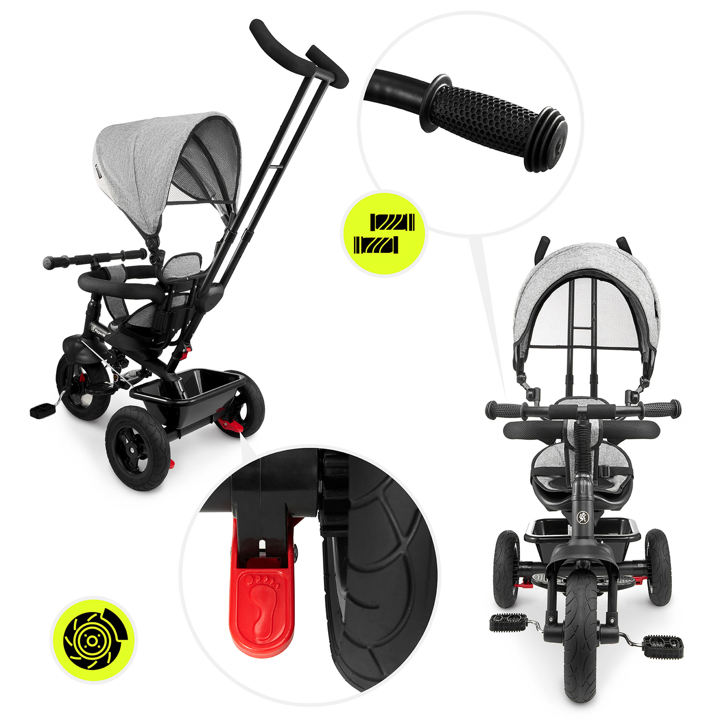 Tricikl za djecu 1-4 godine - TOBI FREY - siva boja - okretna - kotači na napuhavanje + guralica