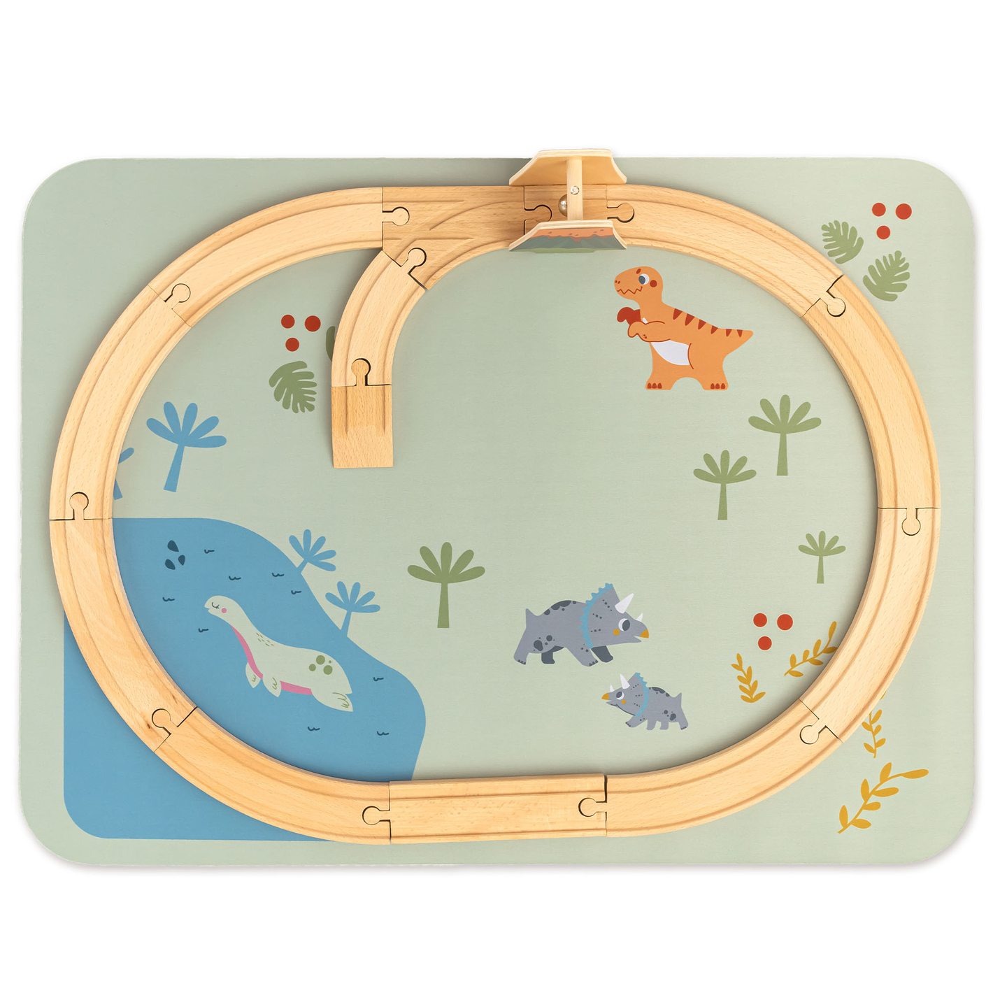 Dino Park drveni vlak s protukliznom podlogom - dinosauri, vlak, tračnice, vulkan, zvono