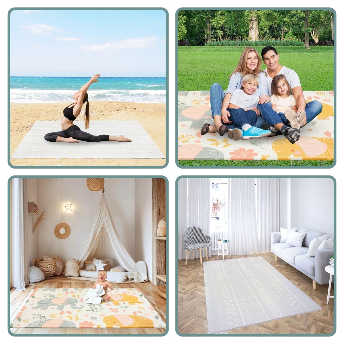 Dvostrana sklopiva pjenasta prostirka 180 x 120 x 1 cm - egzotični slonovi/jednobojna siva