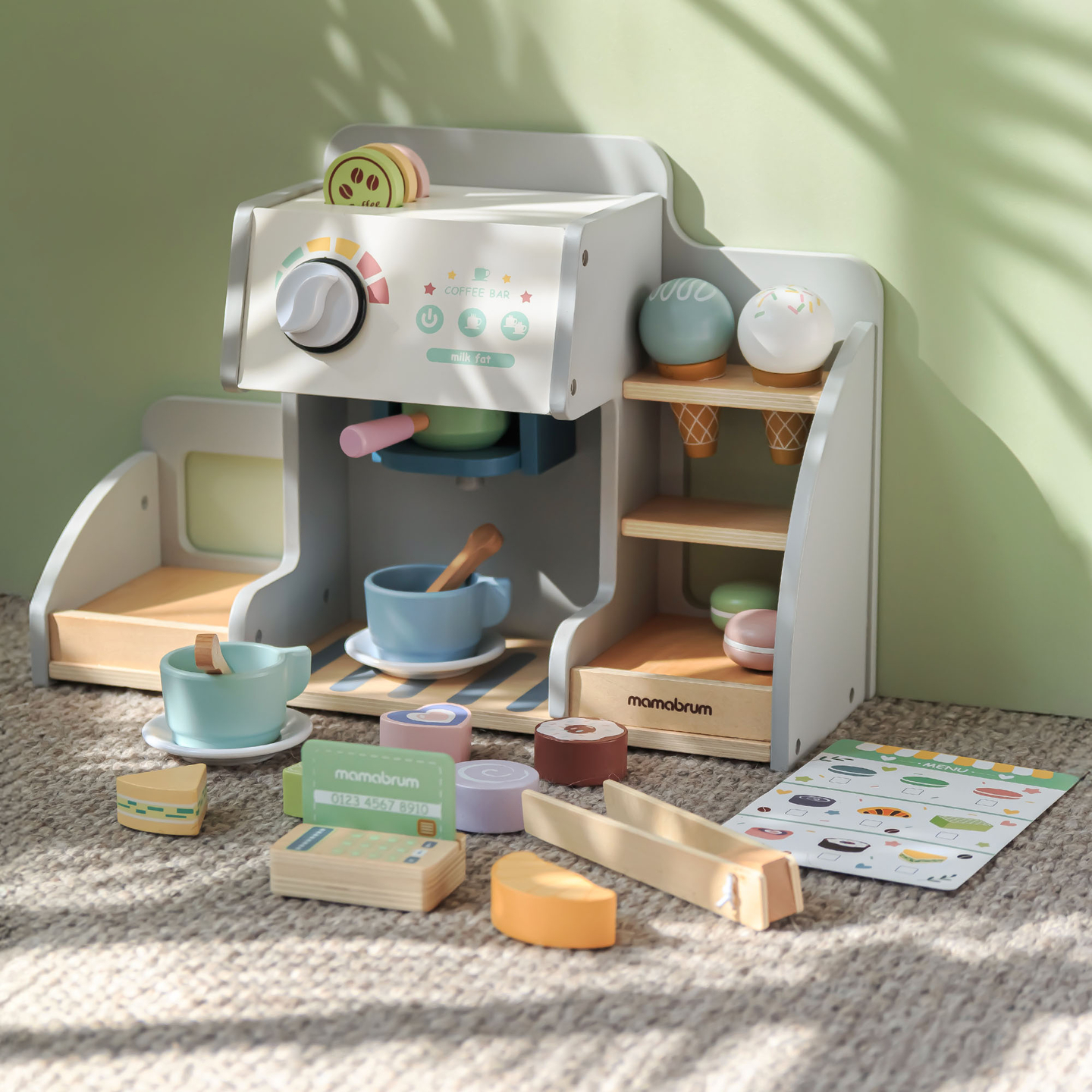 Veliki, drveni kafić i slastičarnica s magnetskom pločom, aparatom za kavu i setom sladoleda i deserta - preko 70 komada!