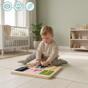 Drvena Montessori manipulativna ploča – Senzorno učenje samostalnosti - vezice, kopče, gumbi, drukeri, patentni zatvarač