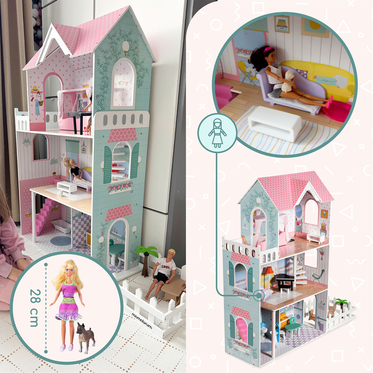 XXL Najveća drvena kućica za lutke - 123 cm - LED osvijetljena - terasa, pribor, vrt