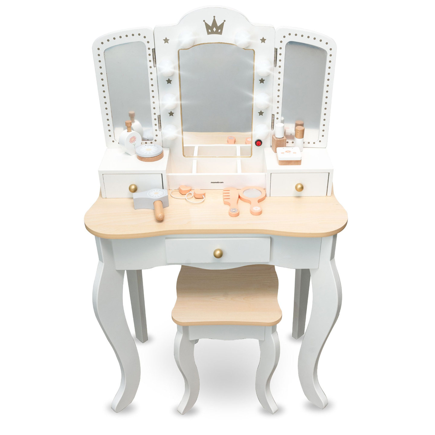 XXL drveni toaletni stolić sa stolicom i LED rasvjetom za djecu + pribor