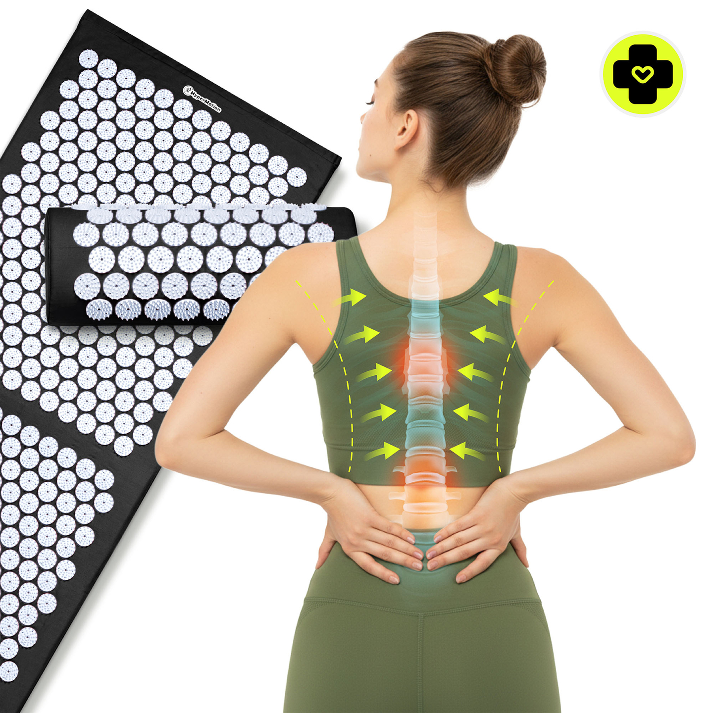 Velika akupresurna prostirka s jastukom i navlakom - 130 cm HyperMotion crno-bijela