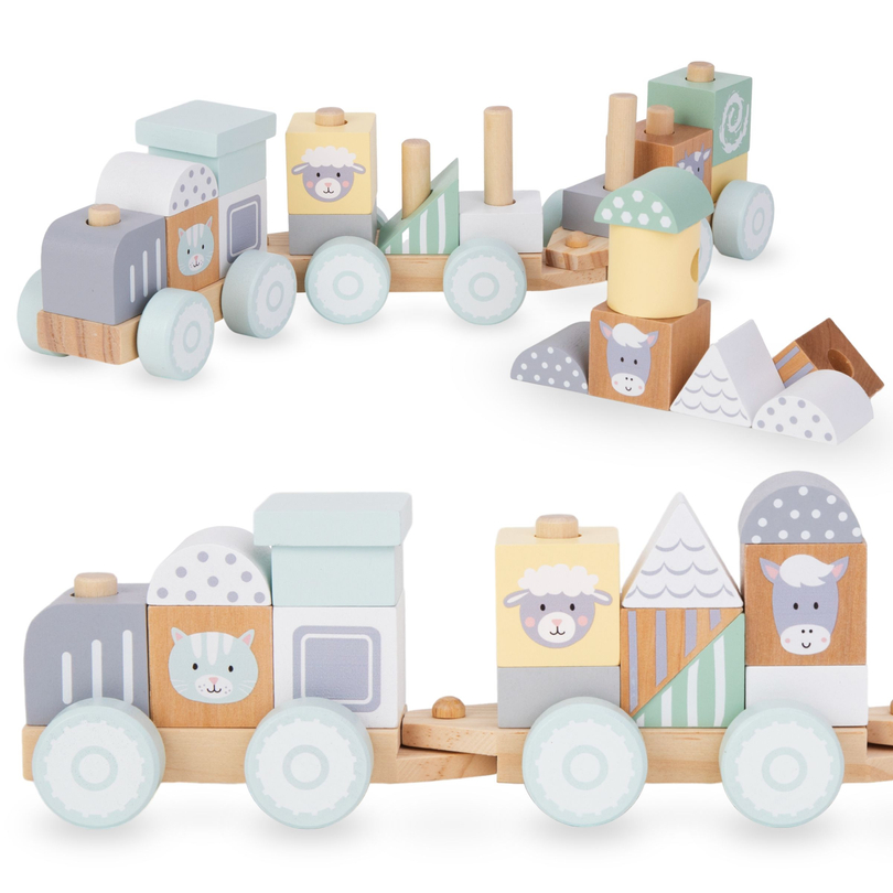 Drveni vlak s kockama za dječaka - Farma
