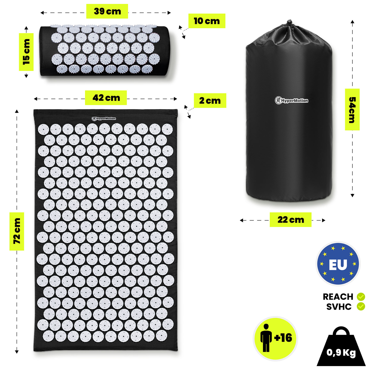 Prostirka za akupresuru s jastukom i navlakom - 72 cm HyperMotion crno-bijela
