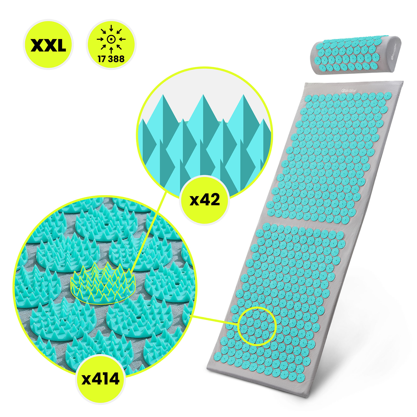 Velika akupresurna prostirka s jastukom i navlakom - 130 cm HyperMotion sivo-menta