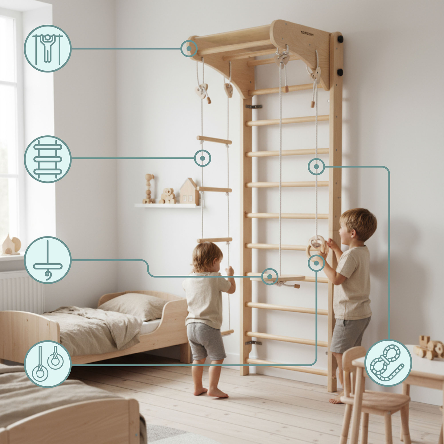 Drvene gimnastičke ljestve za djecu s priborom - ljuljačkom, gimnastičkim kolutovima i ljestvama od užeta
