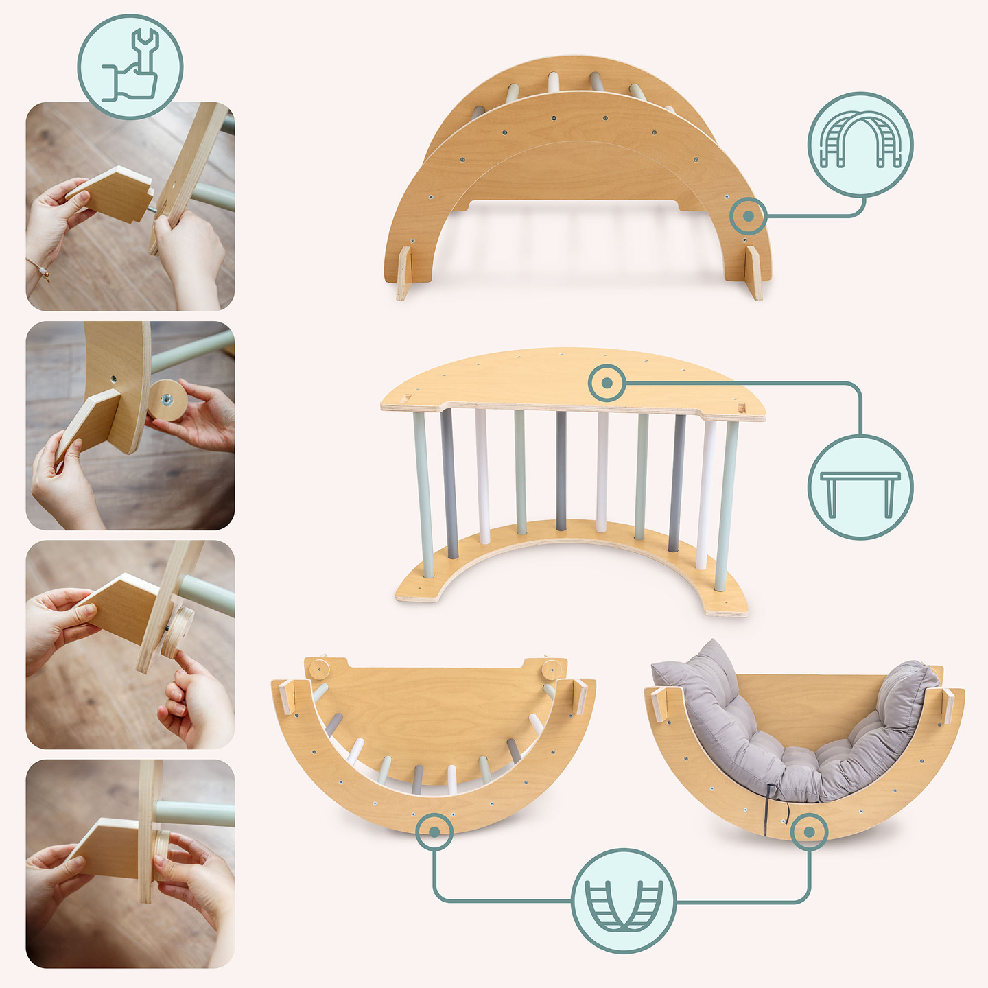 Drveno unutarnje igralište za djecu - zid za penjanje, tobogan, luk/ljuljačka za penjanje i Piklerov trokut