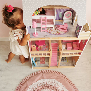 Velika drvena kućica za lutke na 3 kata s terasom, kompletom namještaja i LED rasvjetom!