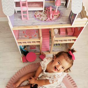 Velika drvena kućica za lutke na 3 kata s terasom, kompletom namještaja i LED rasvjetom!